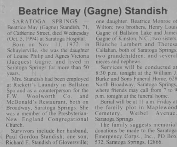 Obituary for Beatrice May Standish (Aged 71)